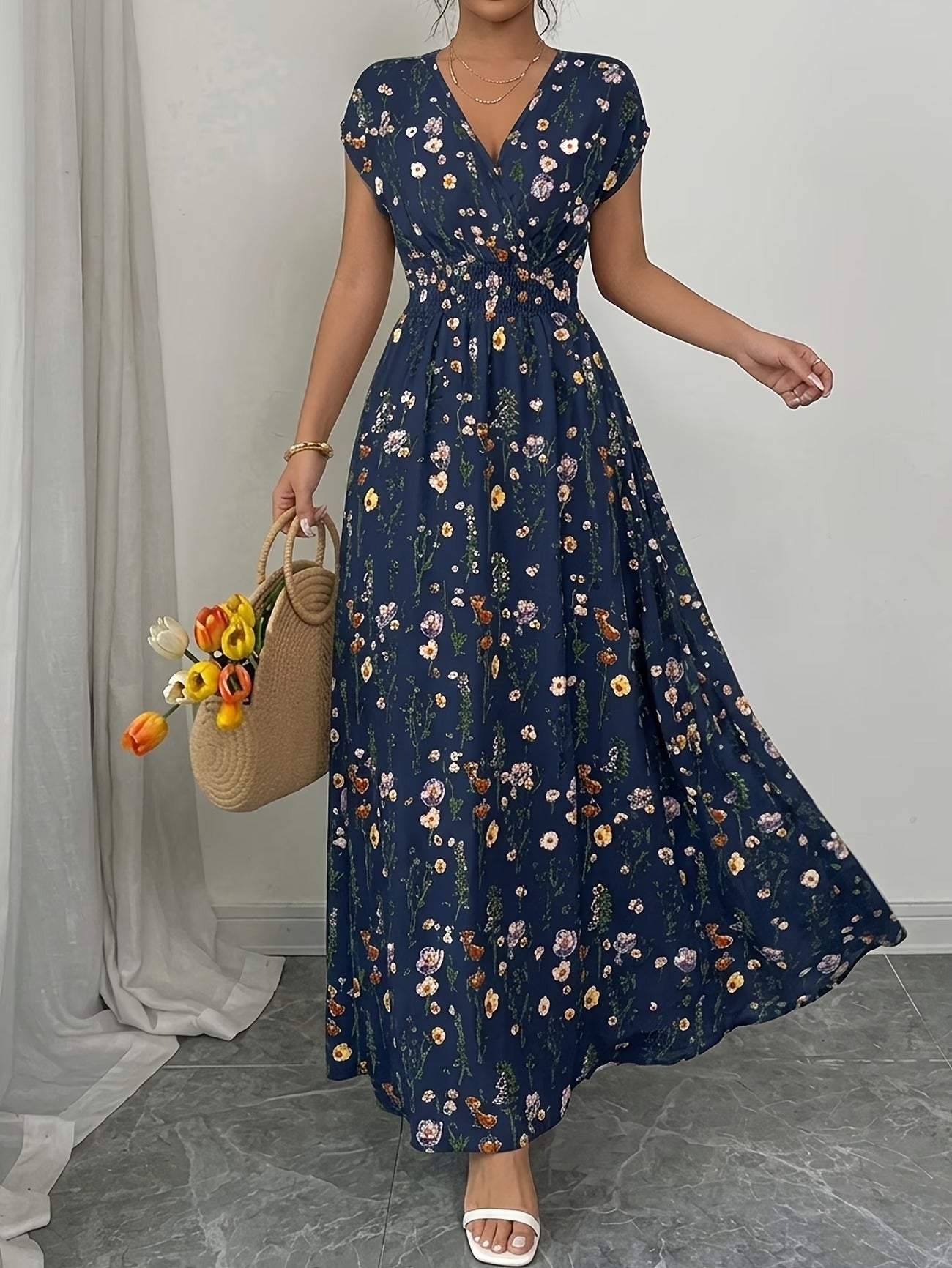 Women's Floral Print Slim-Fit Short Sleeve Dress
